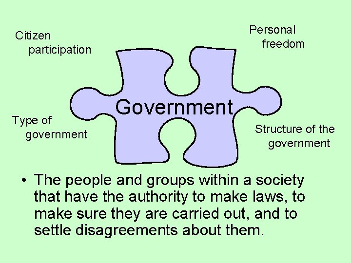 Personal freedom Citizen participation Type of government Government Structure of the government • The