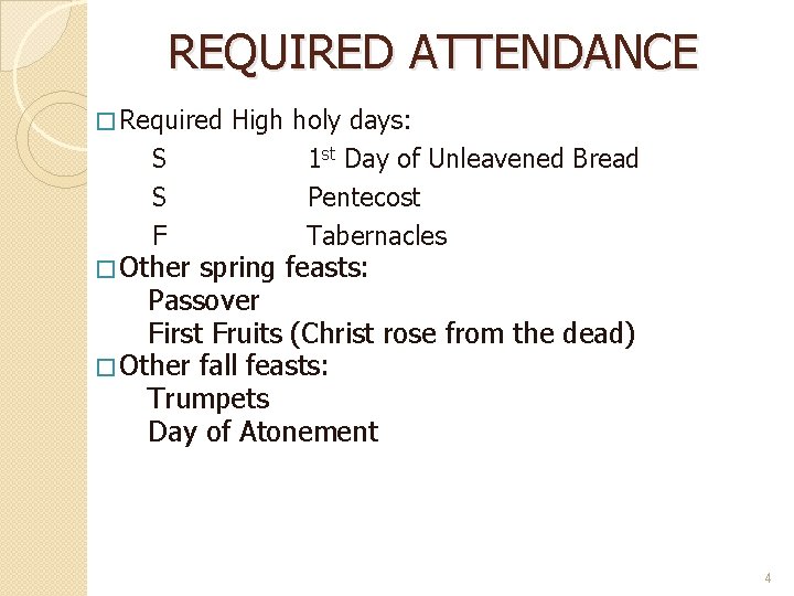 REQUIRED ATTENDANCE � Required S S F � Other High holy days: 1 st