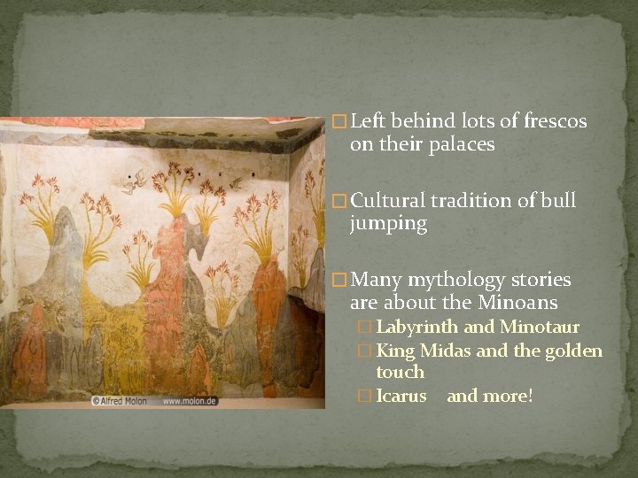 � Left behind lots of frescos on their palaces � Cultural tradition of bull