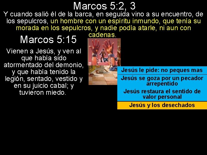 Marcos 5: 2, 3 Y cuando salió él de la barca, en seguida vino