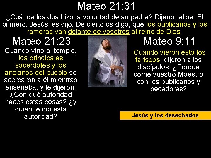 Mateo 21: 31 ¿Cuál de los dos hizo la voluntad de su padre? Dijeron