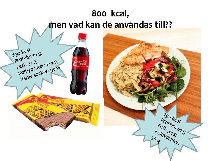 800 kcal, men vad kan de användas till? ? kcal 0 g 0 3