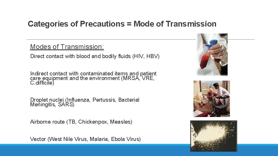 Categories of Precautions = Mode of Transmission Modes of Transmission: Direct contact with blood