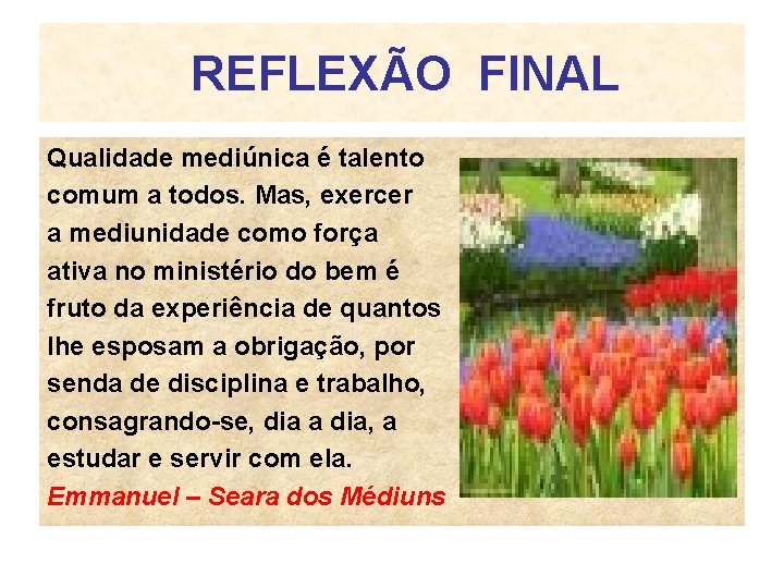 REFLEXÃO FINAL Qualidade mediúnica é talento comum a todos. Mas, exercer a mediunidade como