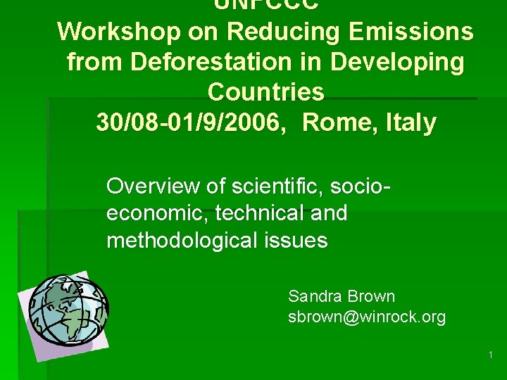 UNFCCC Workshop on Reducing Emissions from Deforestation in Developing Countries 30/08 -01/9/2006, Rome, Italy