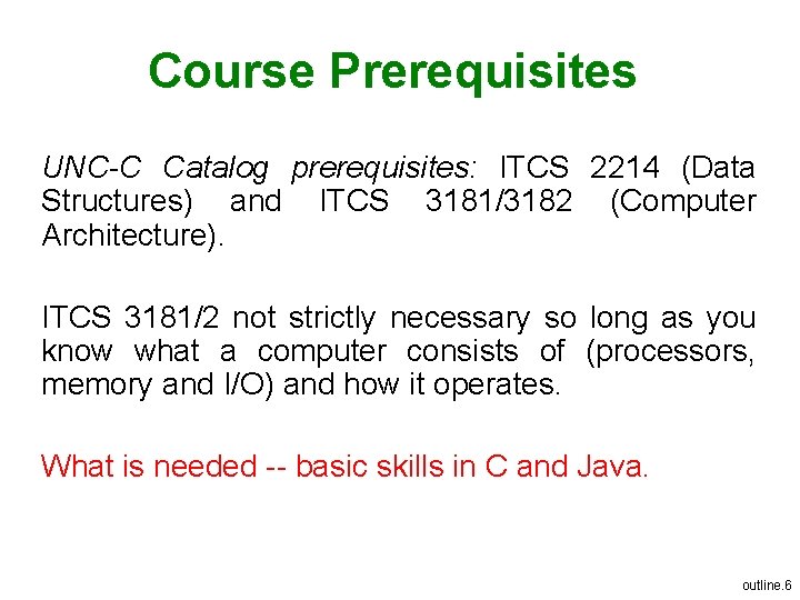 Course Prerequisites UNC-C Catalog prerequisites: ITCS 2214 (Data Structures) and ITCS 3181/3182 (Computer Architecture).