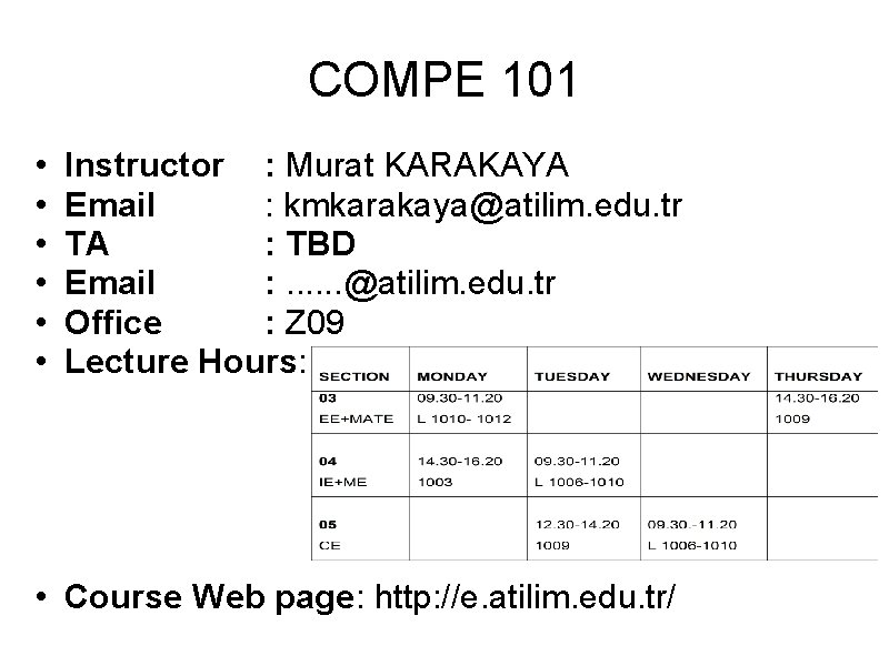 COMPE 101 • • • Instructor : Murat KARAKAYA Email : kmkarakaya@atilim. edu. tr