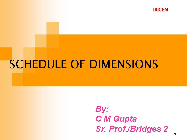 IRICEN SCHEDULE OF DIMENSIONS By: C M Gupta Sr. Prof. /Bridges 2 1 