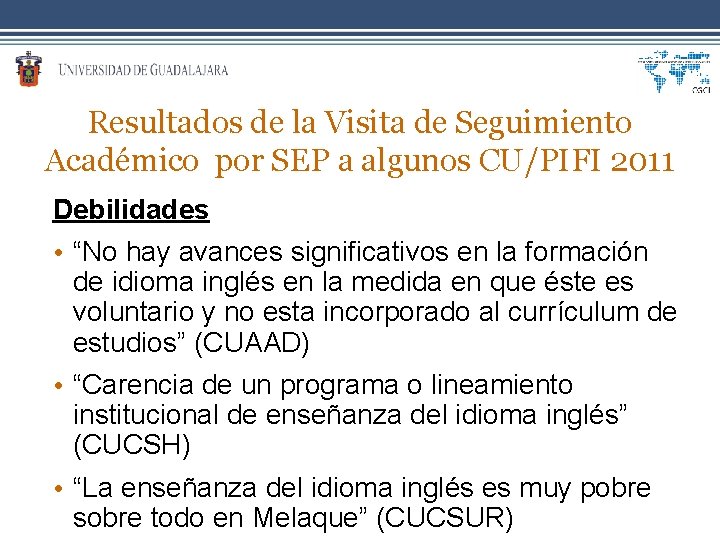 Resultados de la Visita de Seguimiento Académico por SEP a algunos CU/PIFI 2011 Debilidades