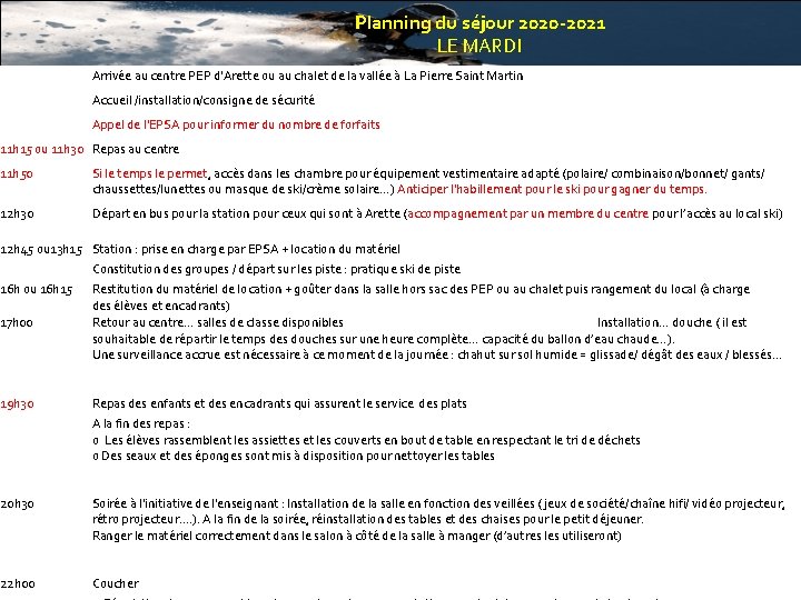 Planning du séjour 2020 -2021 LE MARDI Arrivée au centre PEP d'Arette ou au