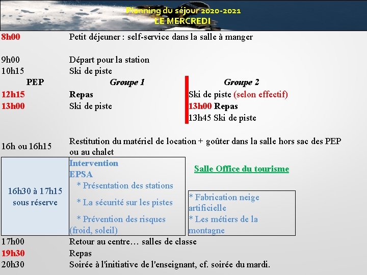 Planning du séjour 2020 -2021 LE MERCREDI 8 h 00 Petit déjeuner : self-service