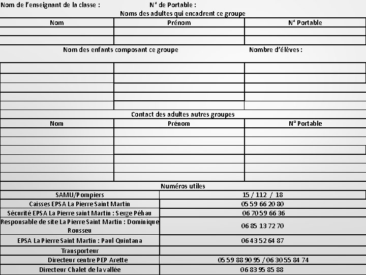 Nom de l’enseignant de la classe : Nom N° de Portable : Noms des