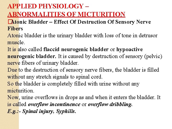 APPLIED PHYSIOLOGY – ABNORMALITIES OF MICTURITION �Atonic Bladder – Effect Of Destruction Of Sensory