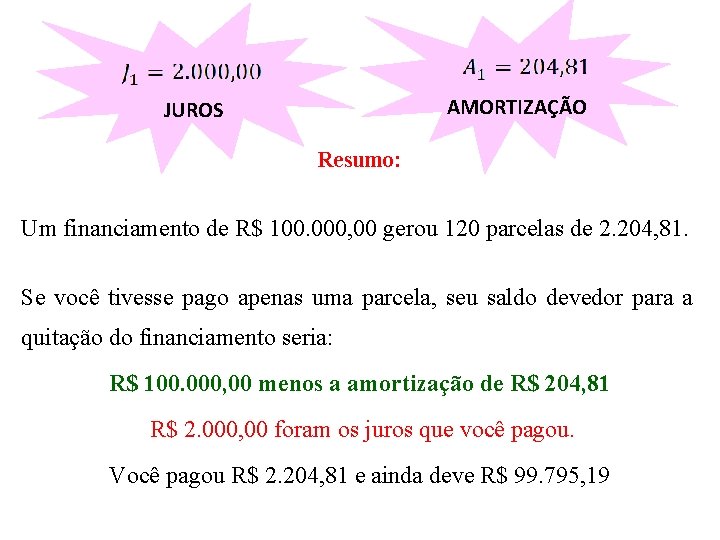 AMORTIZAÇÃO JUROS Resumo: Um financiamento de R$ 100. 000, 00 gerou 120 parcelas de