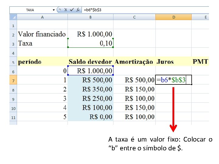 A taxa é um valor fixo: Colocar o “b” entre o símbolo de $.