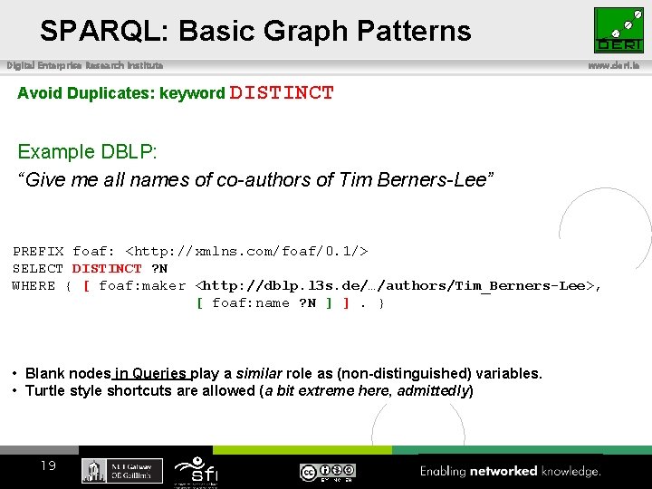 SPARQL: Basic Graph Patterns Digital Enterprise Research Institute www. deri. ie Avoid Duplicates: keyword