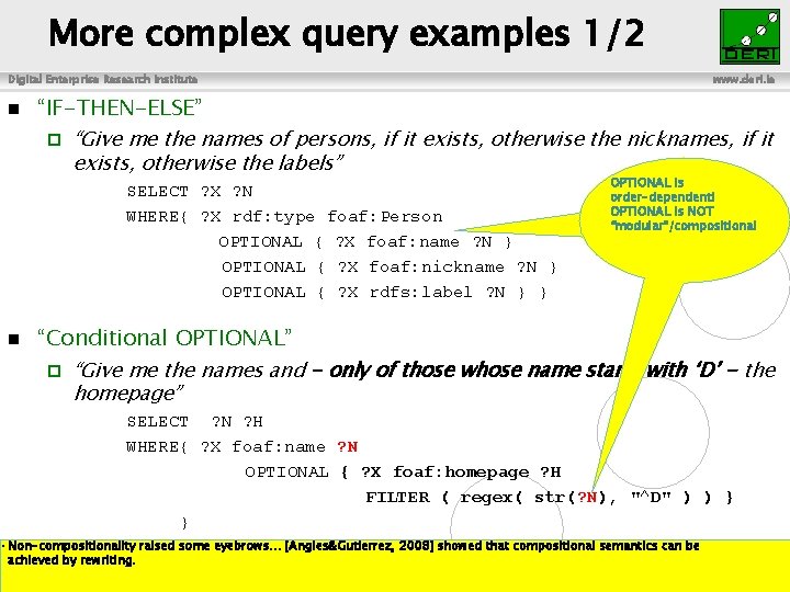 More complex query examples 1/2 Digital Enterprise Research Institute n “IF-THEN-ELSE” ¨ “Give me