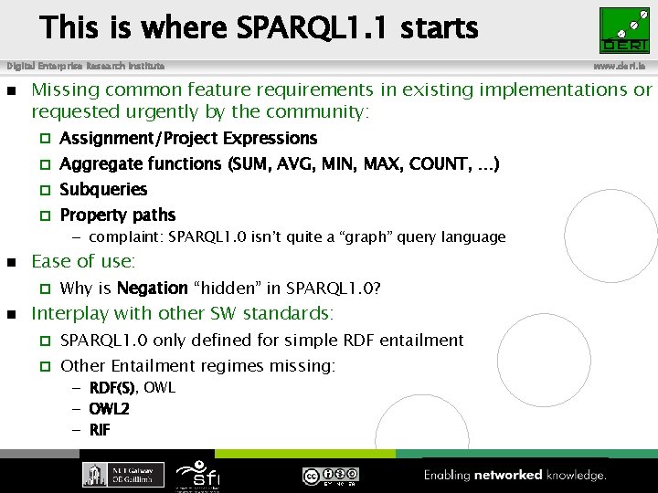 This is where SPARQL 1. 1 starts Digital Enterprise Research Institute n Missing common