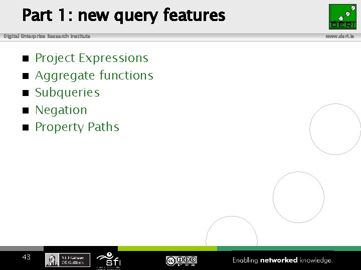 Part 1: new query features Digital Enterprise Research Institute n n n 43 Project