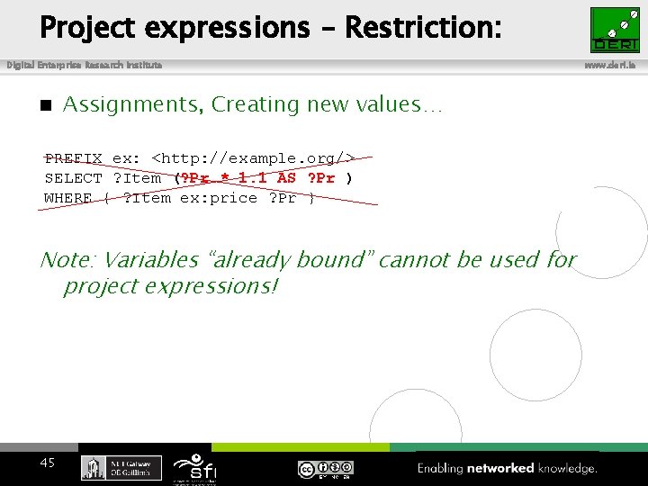 Project expressions – Restriction: Digital Enterprise Research Institute n Assignments, Creating new values… PREFIX
