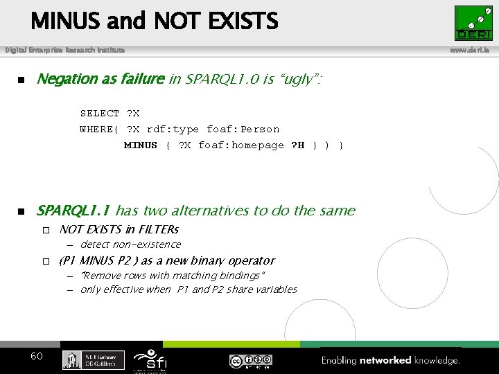 MINUS and NOT EXISTS Digital Enterprise Research Institute n www. deri. ie Negation as