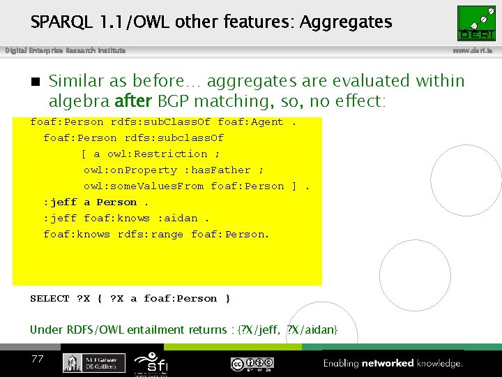 SPARQL 1. 1/OWL other features: Aggregates Digital Enterprise Research Institute n Similar as before…