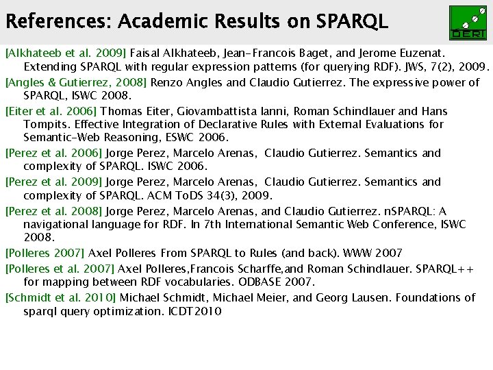References: Academic Results on SPARQL Digital Enterprise Research Institute [Alkhateeb et al. 2009] Faisal
