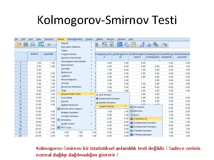 Kolmogorov-Smirnov Testi Kolmogorov-Smirnov bir istatistiksel anlamlılık testi değildir ! Sadece verinin normal dağılıp dağılmadığını