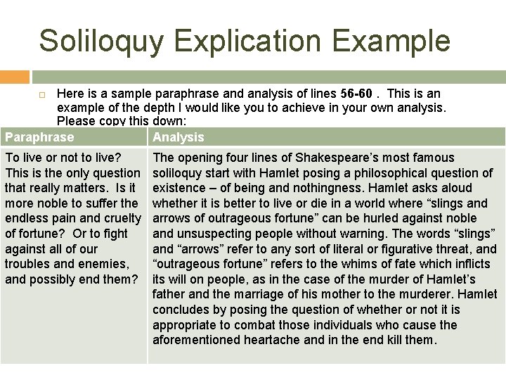 Soliloquy Explication Example Here is a sample paraphrase and analysis of lines 56 -60.