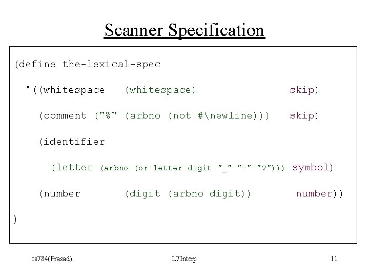 Scanner Specification (define the-lexical-spec '((whitespace) (comment ("%" (arbno (not #newline))) skip) (identifier (letter (number