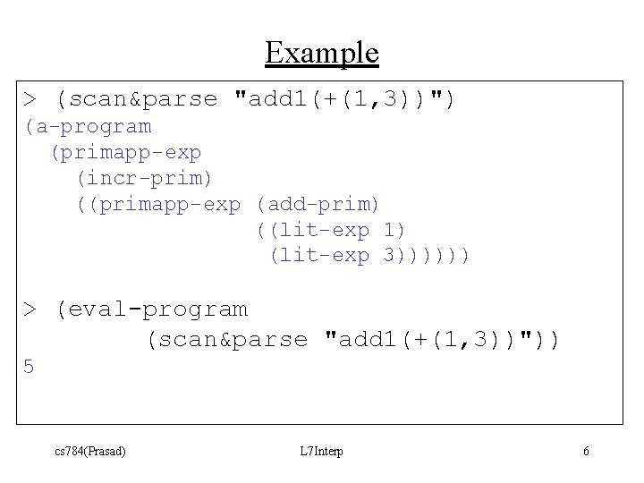 Example > (scan&parse "add 1(+(1, 3))") (a-program (primapp-exp (incr-prim) ((primapp-exp (add-prim) ((lit-exp 1) (lit-exp