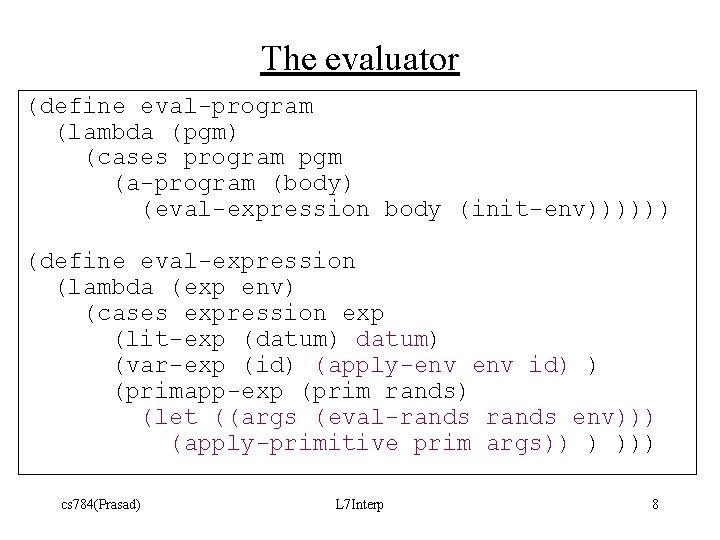 The evaluator (define eval-program (lambda (pgm) (cases program pgm (a-program (body) (eval-expression body (init-env))))))