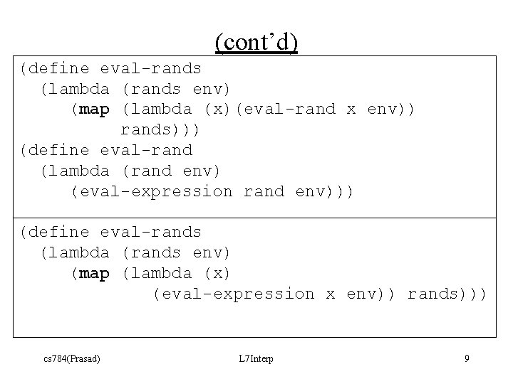 (cont’d) (define eval-rands (lambda (rands env) (map (lambda (x)(eval-rand x env)) rands))) (define eval-rand