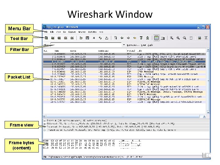 Wireshark Window Menu Bar Tool Bar Filter Bar Packet List Frame view Frame bytes