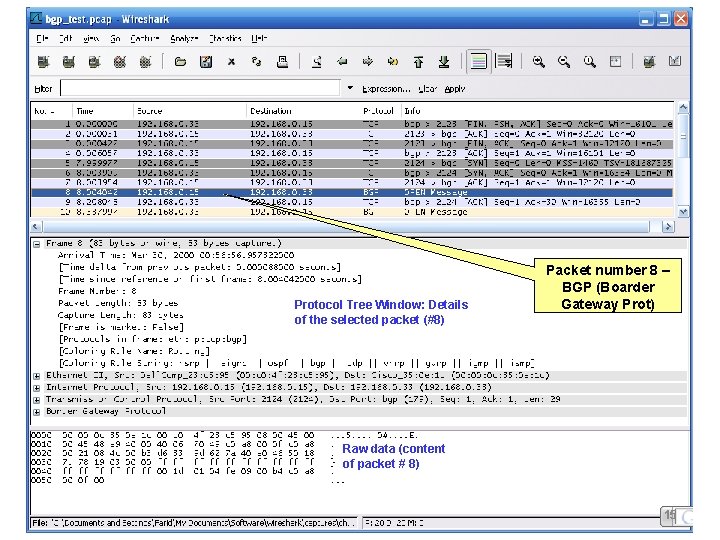 Protocol Tree Window: Details of the selected packet (#8) Packet number 8 – BGP