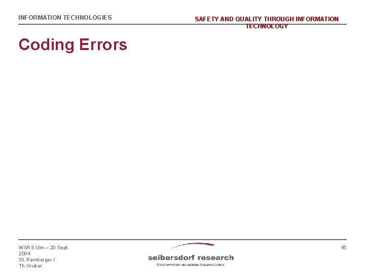 INFORMATION TECHNOLOGIES SAFETY AND QUALITY THROUGH INFORMATION TECHNOLOGY Coding Errors WSRS Ulm – 20