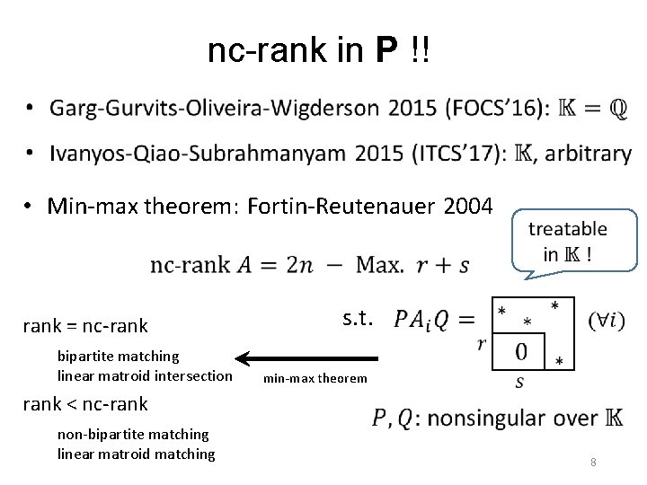 nc-rank in P !! • Min-max theorem: Fortin-Reutenauer 2004 rank = nc-rank bipartite matching