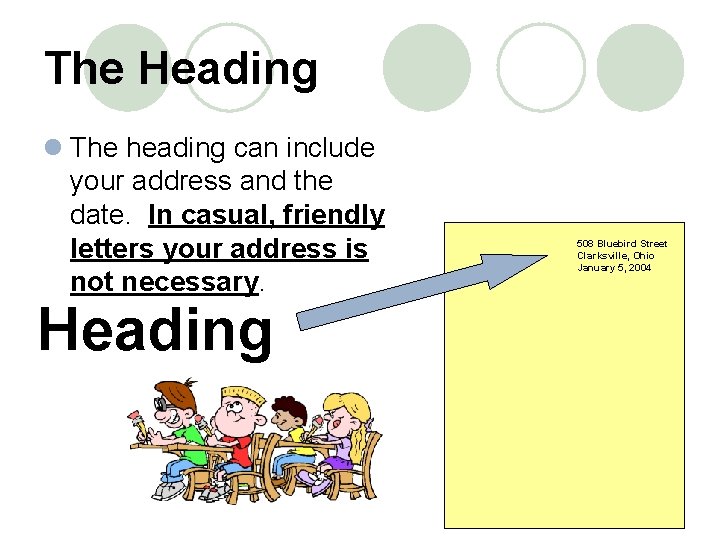 The Heading l The heading can include your address and the date. In casual,