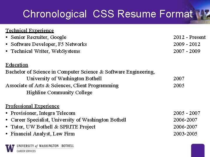 Chronological CSS Resume Format Technical Experience • Senior Recruiter, Google • Software Developer, F