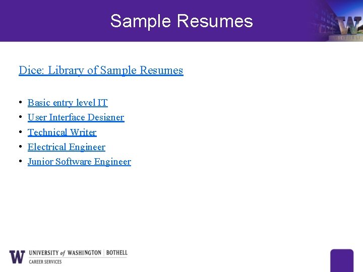 Sample Resumes Dice: Library of Sample Resumes • • • Basic entry level IT