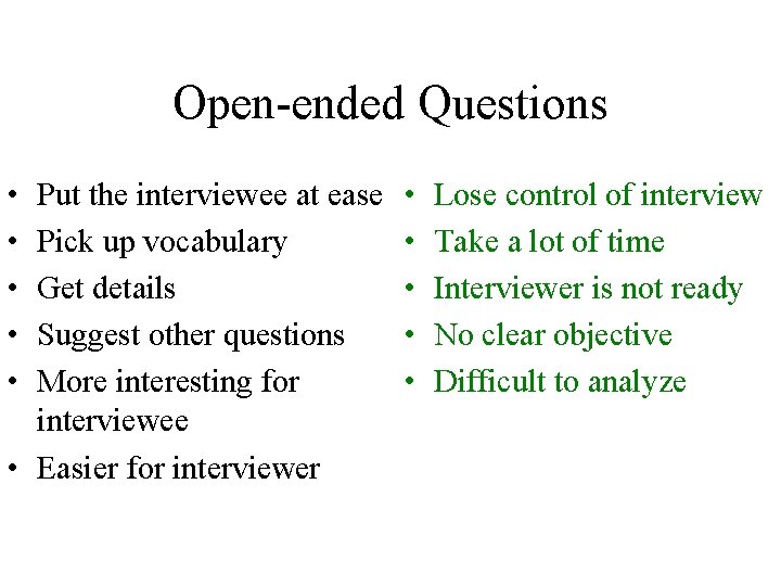 Open-ended Questions • • • Put the interviewee at ease Pick up vocabulary Get