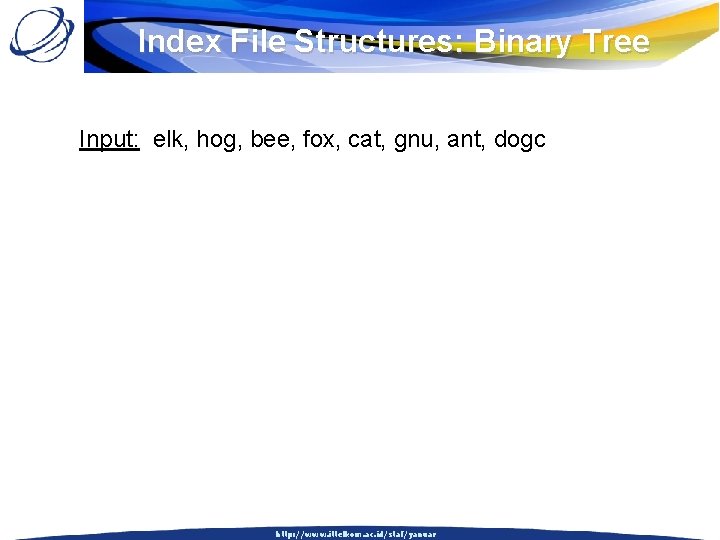 Index File Structures: Binary Tree Input: elk, hog, bee, fox, cat, gnu, ant, dogc