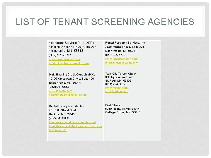 LIST OF TENANT SCREENING AGENCIES Apartment Services Plus (ASP) 6110 Blue Circle Drive, Suite