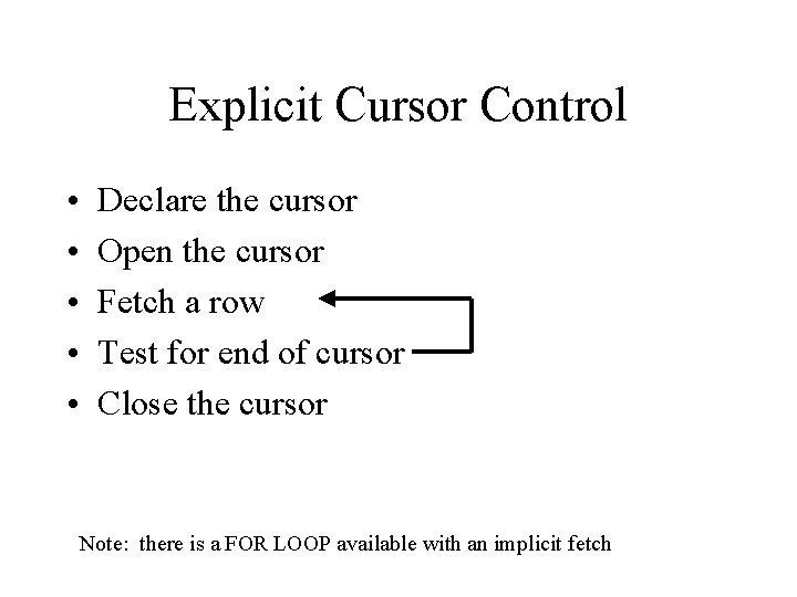 Explicit Cursor Control • • • Declare the cursor Open the cursor Fetch a