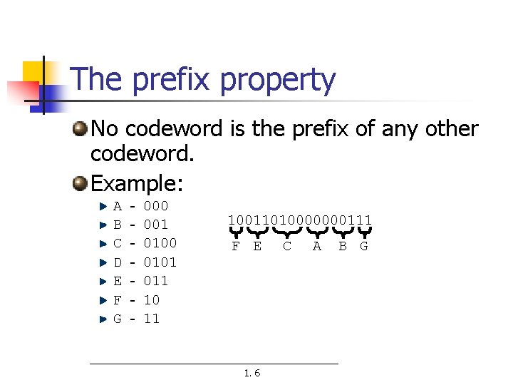 The prefix property No codeword is the prefix of any other codeword. Example: A