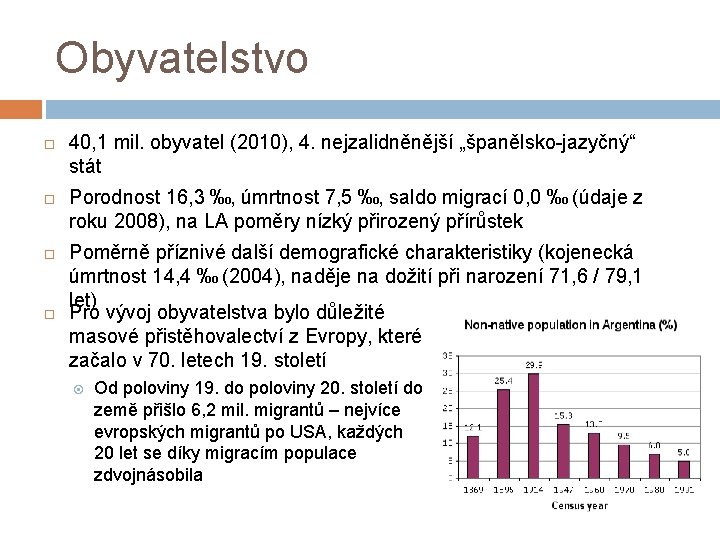 Obyvatelstvo 40, 1 mil. obyvatel (2010), 4. nejzalidněnější „španělsko-jazyčný“ stát Porodnost 16, 3 ‰,