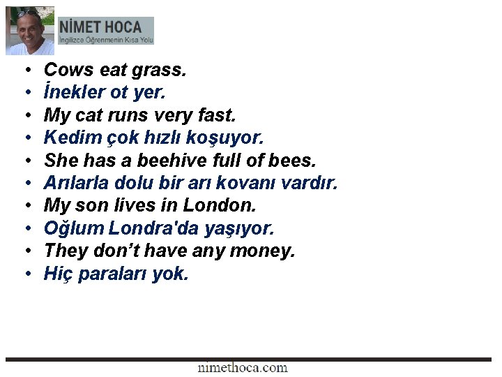  • • • Cows eat grass. İnekler ot yer. My cat runs very