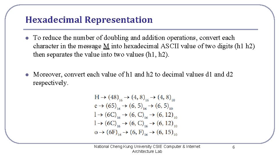 Hexadecimal Representation l To reduce the number of doubling and addition operations, convert each