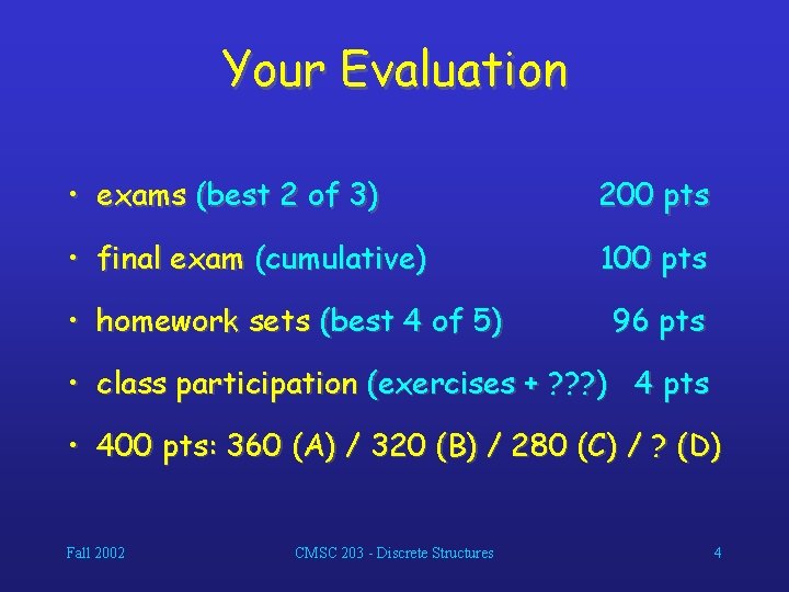 Your Evaluation • exams (best 2 of 3) 200 pts • final exam (cumulative)