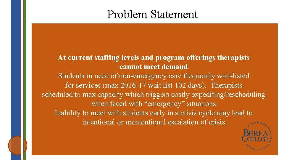 Problem Statement At current staffing levels and program offerings therapists cannot meet demand. Students